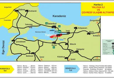 Yalova ve çevresi ulaşım altyapısı Deniz ve Karayolu ile çevre illere olan uzaklıklar